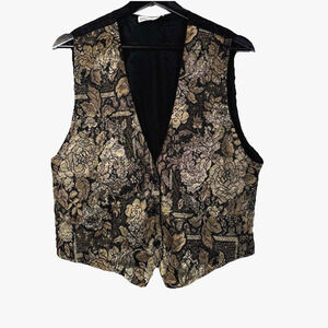 Gold Brown Floral Vest Vintage Metallic Tapestry Button Black 90s Retro Holiday